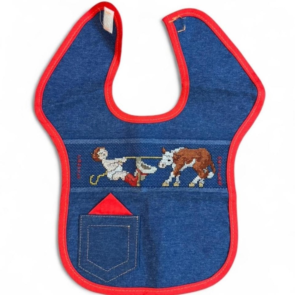 vintage Charles‎ Craft denim cross-stitch baby bib featuring a cowboy and calf